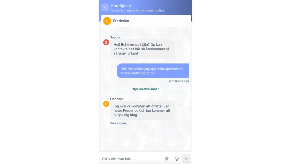 Skärmdump på en livechatt hos Lord Ping Casino där en kund frågar om ansvarsfullt spelande.