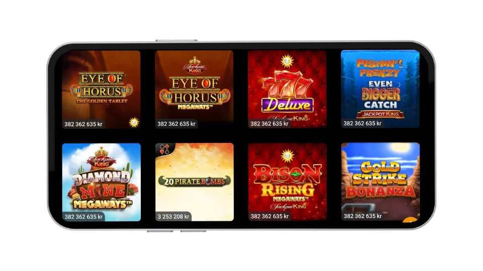 Mobilvy av slots hos Lord Ping med jackpottspel som Eye of Horus och Diamond Mine.