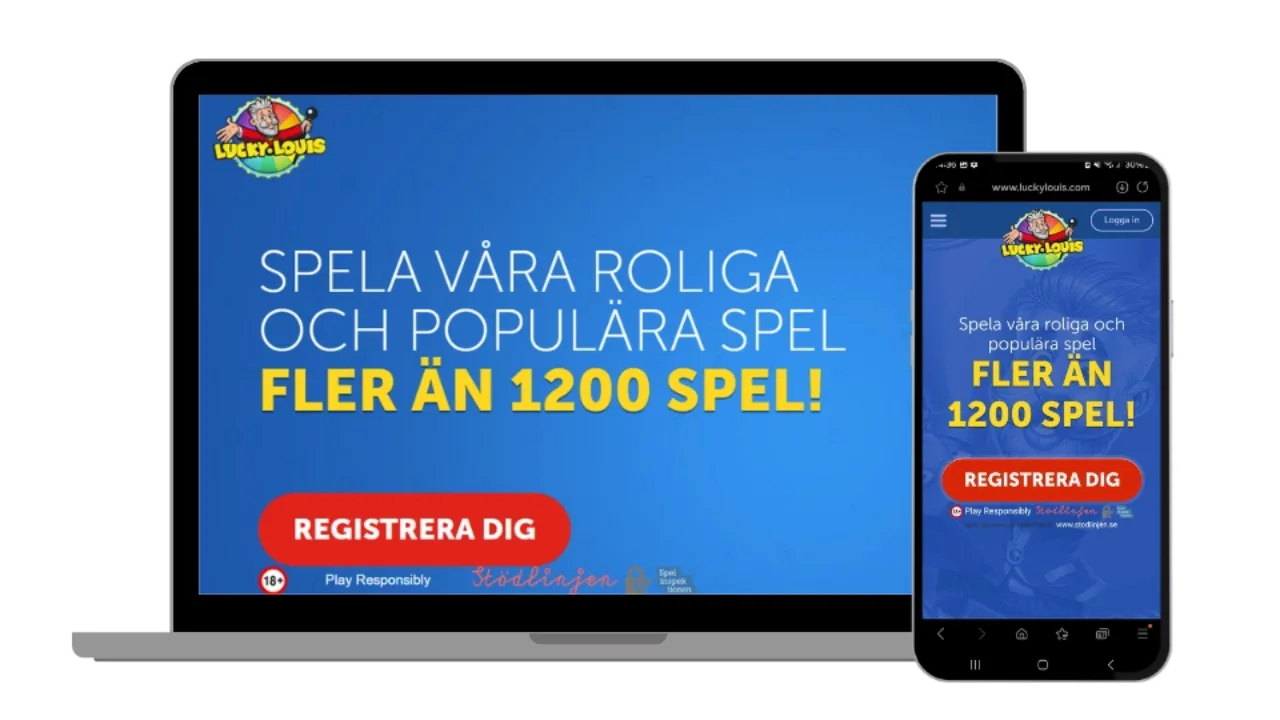 LuckyLouis hemsida visas på både en bärbar dator och en mobiltelefon.