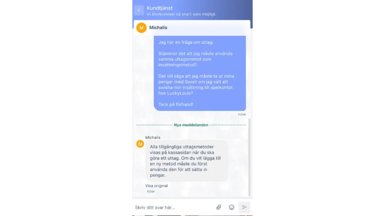 Chattkonversation på svenska om uttagsmetoder hos LuckyLouis kundtjänst.