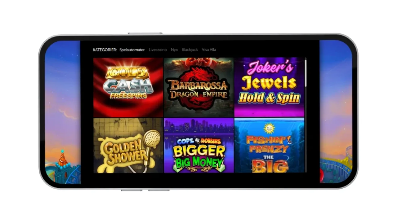 Mobilvy av spellobbyn hos Lucky Louis som visar olika populära spelautomater.