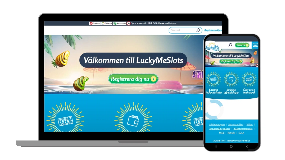 Välkomstskärmen hos LuckyMe Slots i både mobil och desktop.
