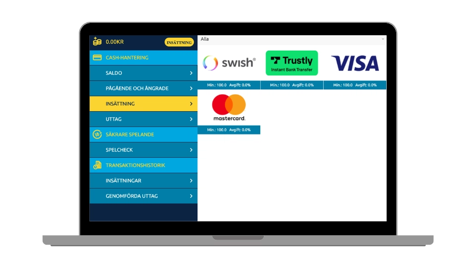 Betalningsmetoder hos LuckyMe Slots: Swish, Trustly, VISA och Mastercard.