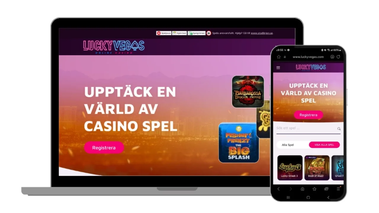 Lucky Vegas startsida i både desktop- och mobilversion.