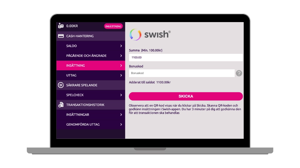 Insättningsvy på Lucky Vegas med Swish som vald betalningsmetod.