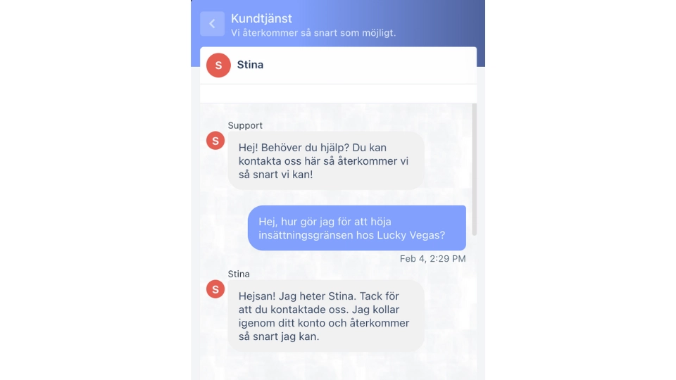 Livechatt med Lucky Vegas kundtjänst för hjälp med spelgränser.