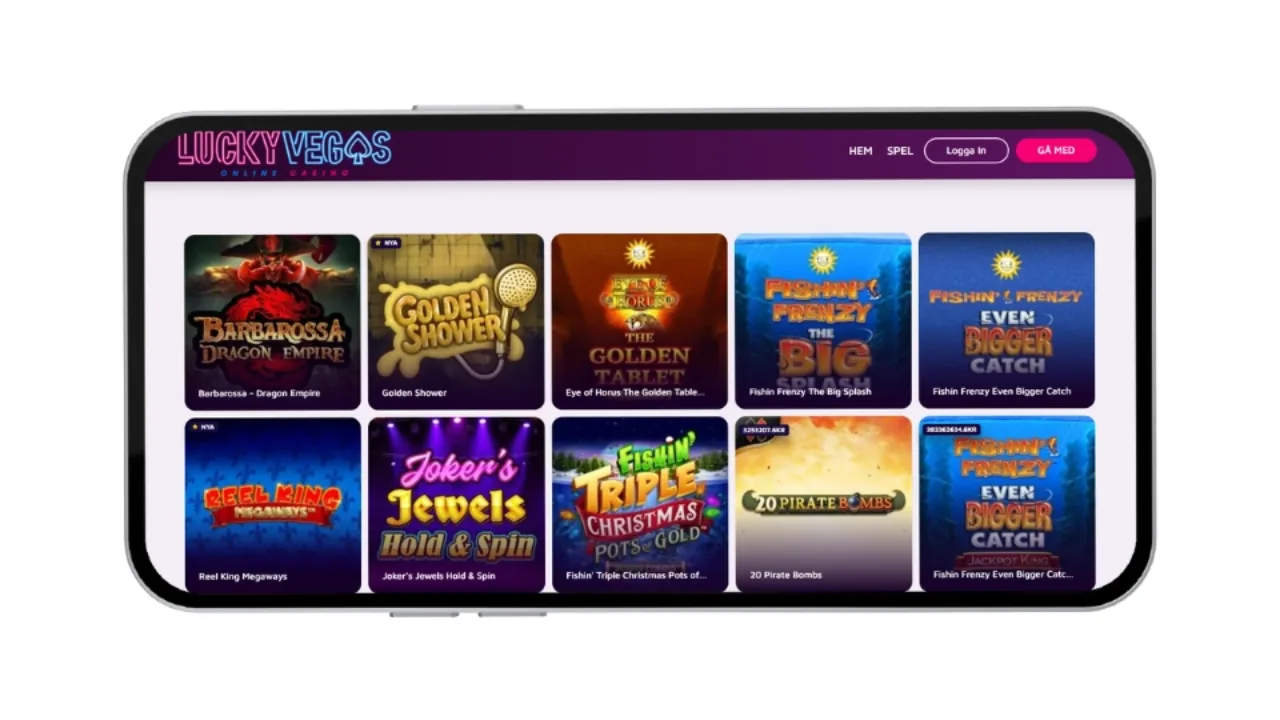 Spellobbyn hos Lucky Vegas med populära slots som Fishin' Frenzy och Barbarossa.