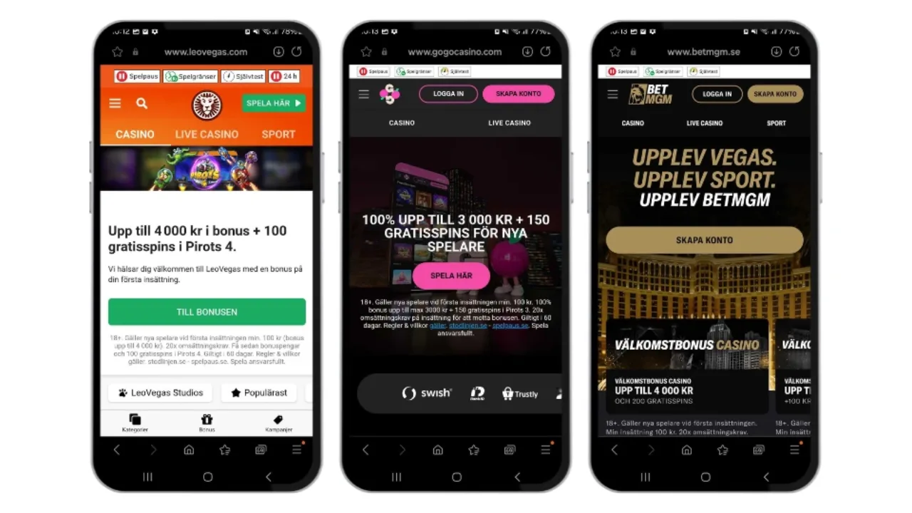 Jämförelse av mobilcasinon: LeoVegas, GoGoCasino och BetMGM med olika välkomsterbjudanden.