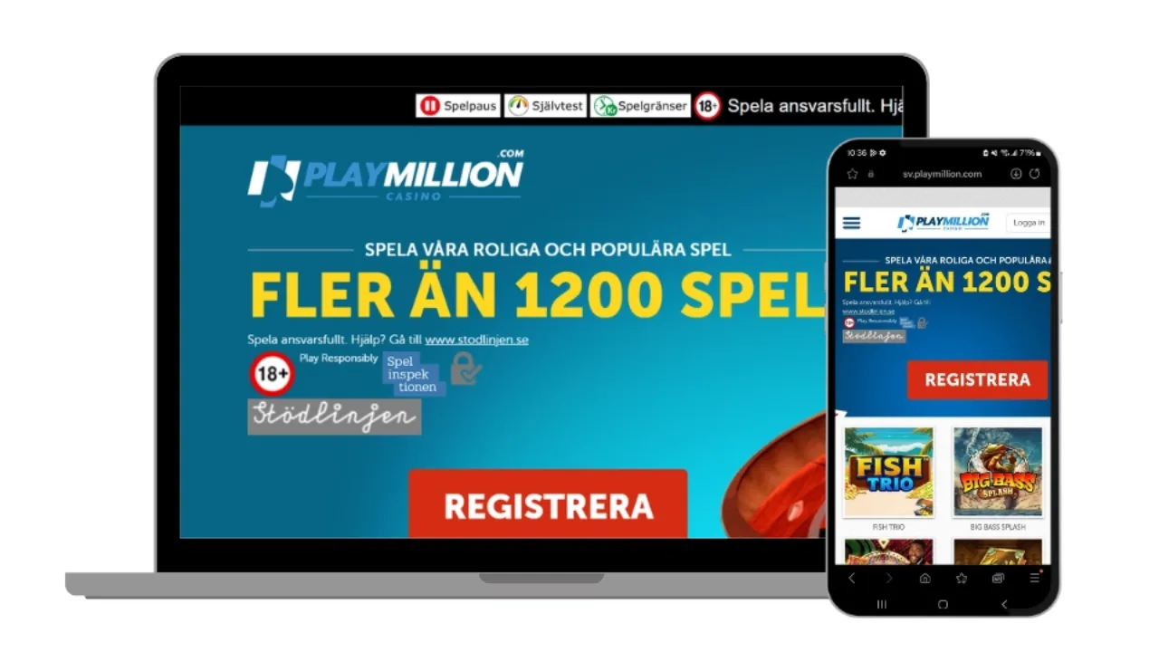 PlayMillions webbplats visas på både en bärbar dator och en smartphone.
