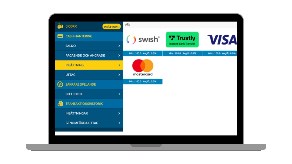 Insättningssida på PlayMillion med betalningsmetoder som Swish och Trustly.