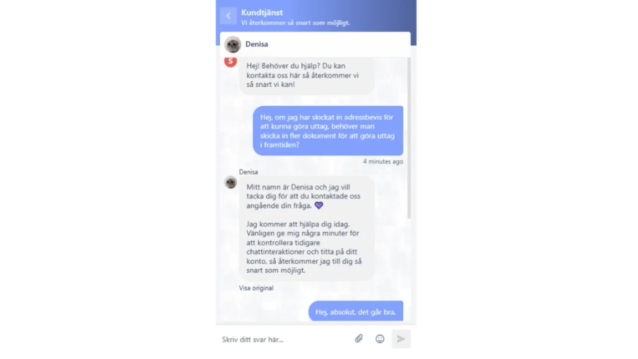 Skärmdump av livechatt på svenska med kundtjänstmedarbetaren Denisa hos PlayMillion.