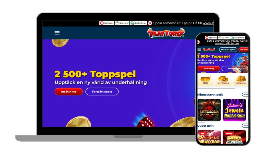 PlayToros hemsida visas på både laptop och mobil med texten "2 500+ Toppspel".