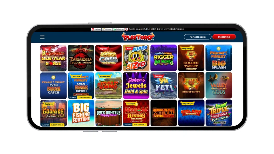 Mobilskärm som visar spelutbudet hos PlayToro med olika slots och casinospel.