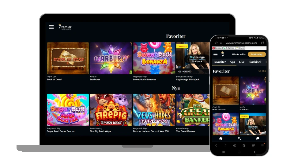 Startsidan för Premier Live Casino anpassad för både desktop och mobil.