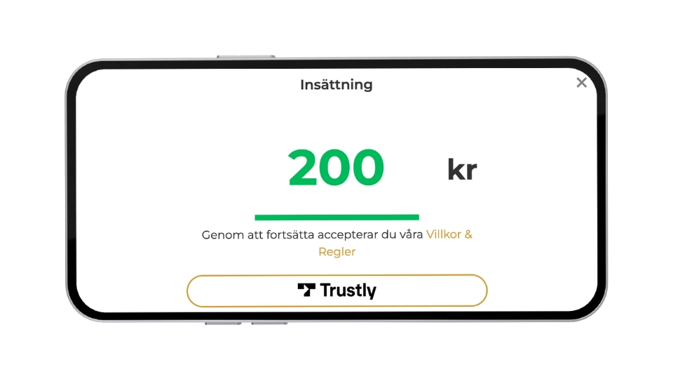 Vy för insättning på 200 kr hos Premier Live Casino med Trustly och BankID.