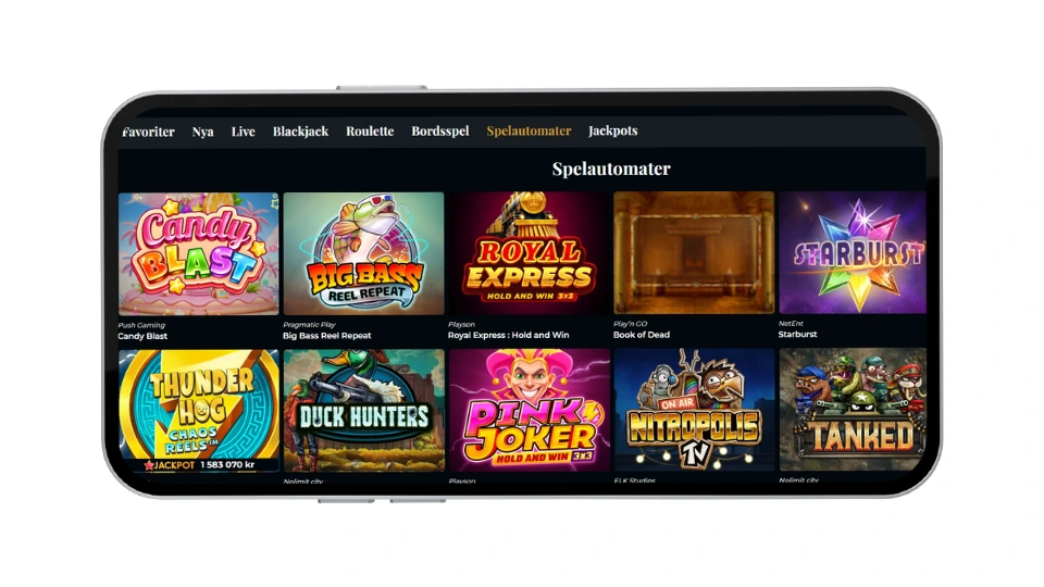 Premier Live Casinos spellobby med titlar som Starburst och Book of Dead.