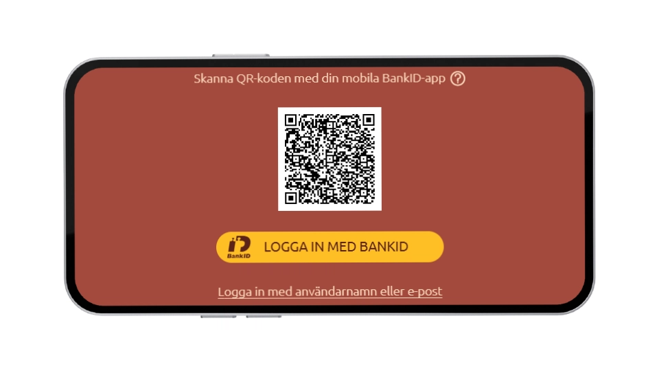 Inloggning hos QueenVegas via BankID med QR-kod och gul knapp.