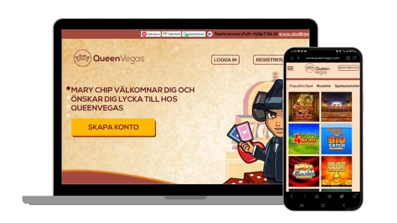Startsidan för QueenVegas i både laptop- och mobilvy med välkomstmeddelande och spel.