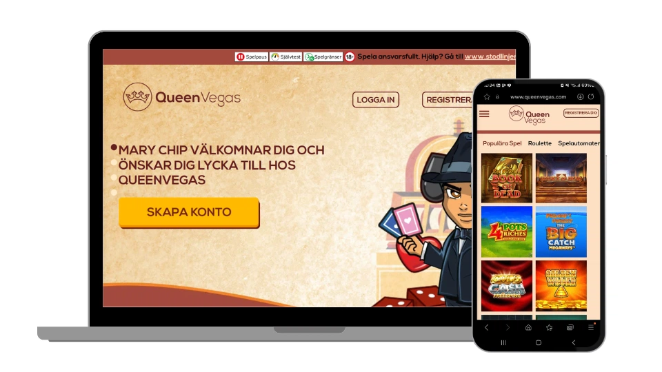 Startsidan för QueenVegas i både laptop- och mobilvy med välkomstmeddelande och spel.