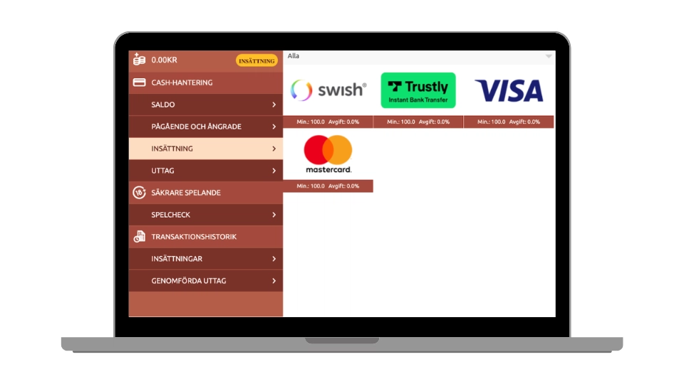 Insättningssida hos QueenVegas med betalningsmetoder som Swish, Trustly och kort.