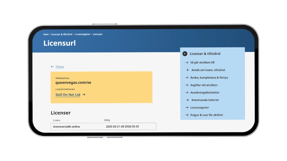 Spelinspektionens licens för QueenVegas (Skill On Net Ltd), giltig till 2026-03-20.