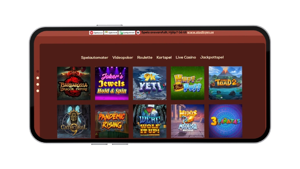 Mobilvy av QueenVegas spelutbud med kategorier som spelautomater och live casino.
