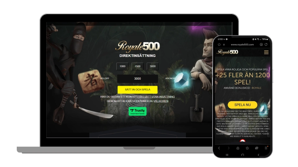 Royale 500 hemsida på både desktop och mobil med fokus på direktinsättning.