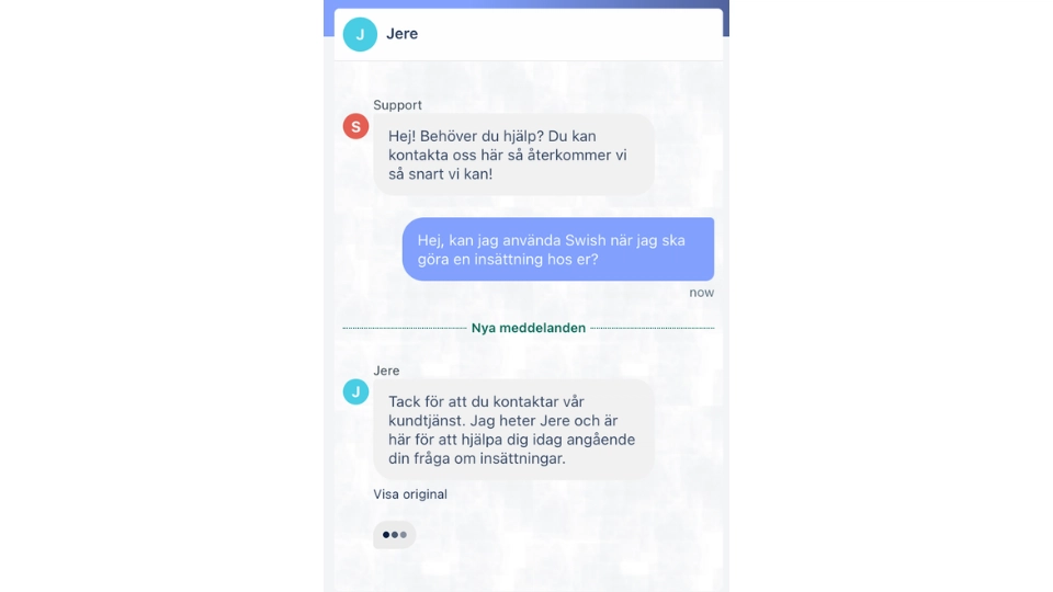 Livechatt med kundtjänst hos Royale 500 Casino för support.