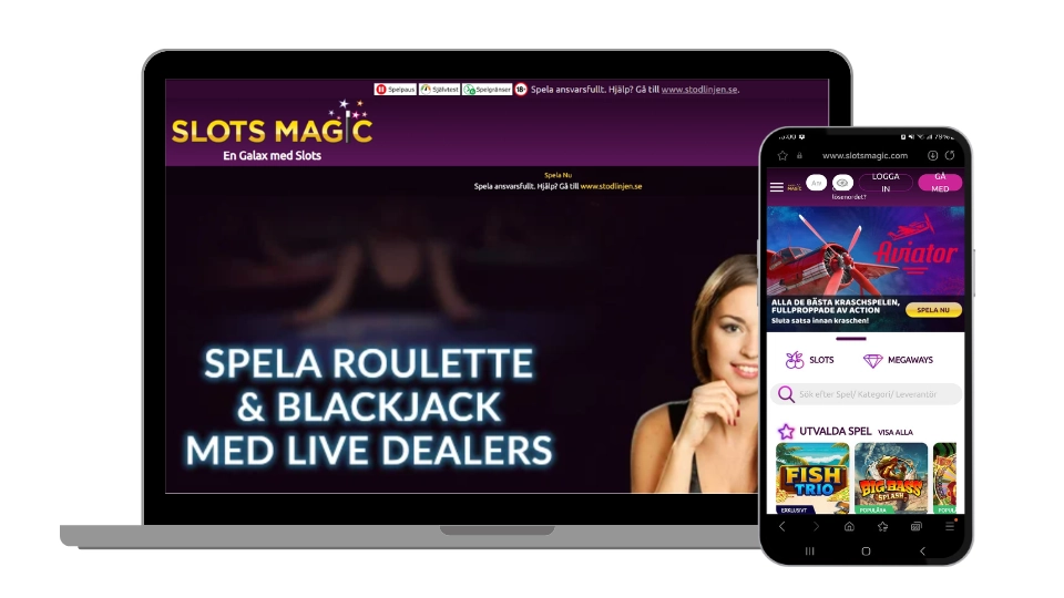 Webbplatsen Slots Magic visas på både en bärbar dator och en smartphone.