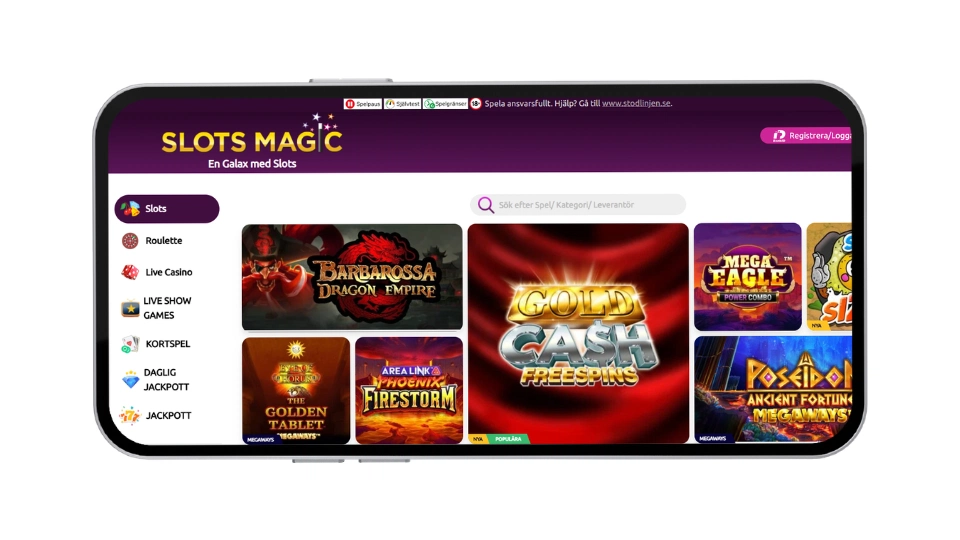 Skärmdump av Slots Magics spelutbud med kategorier och populära slots.