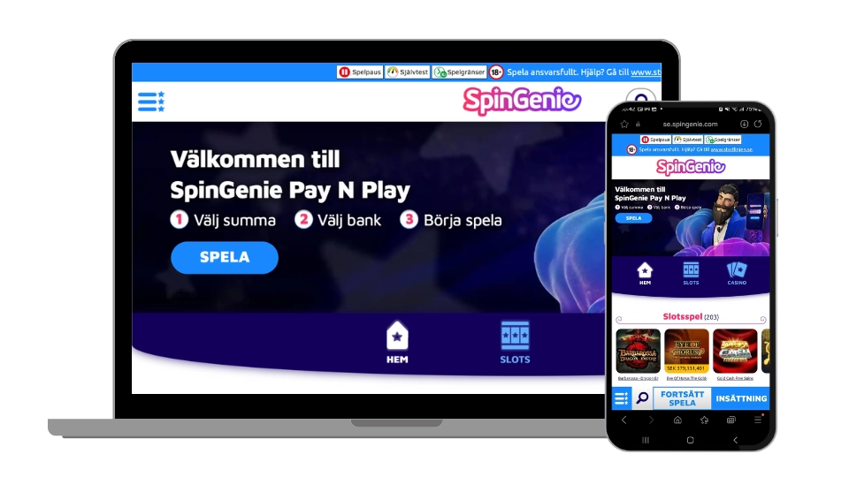 Hemsida för Spin Genie Casino på desktop och mobil med Pay N Play-funktion.