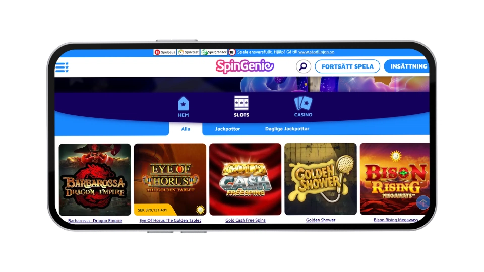 Spelutbud med olika kategorier av jackpottspel hos Spin Genie Casino.