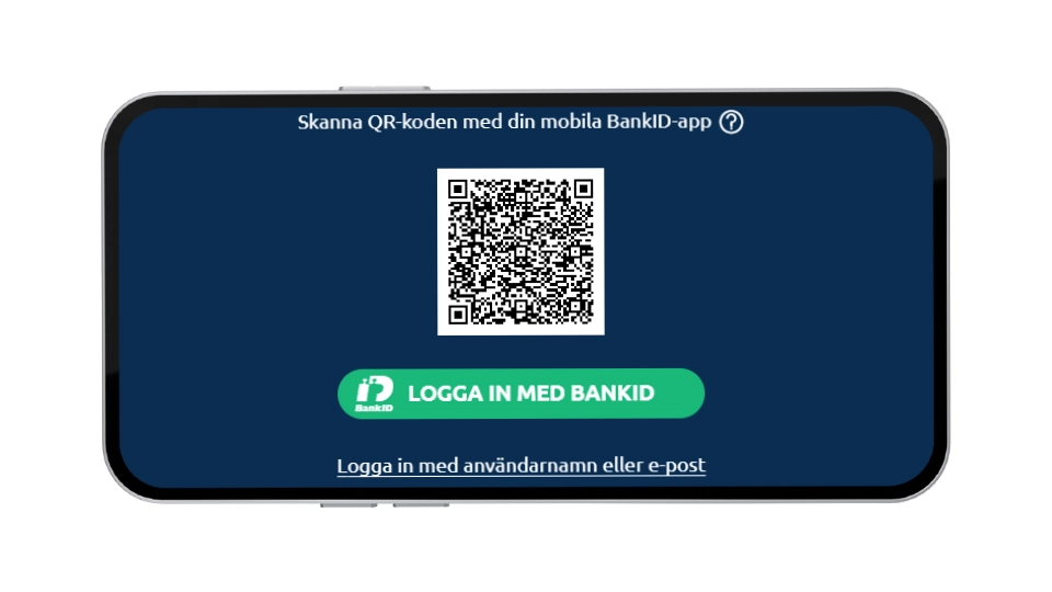 Inloggningsruta med QR-kod för BankID och knapp för ”Logga in med BankID” hos Turbonino.