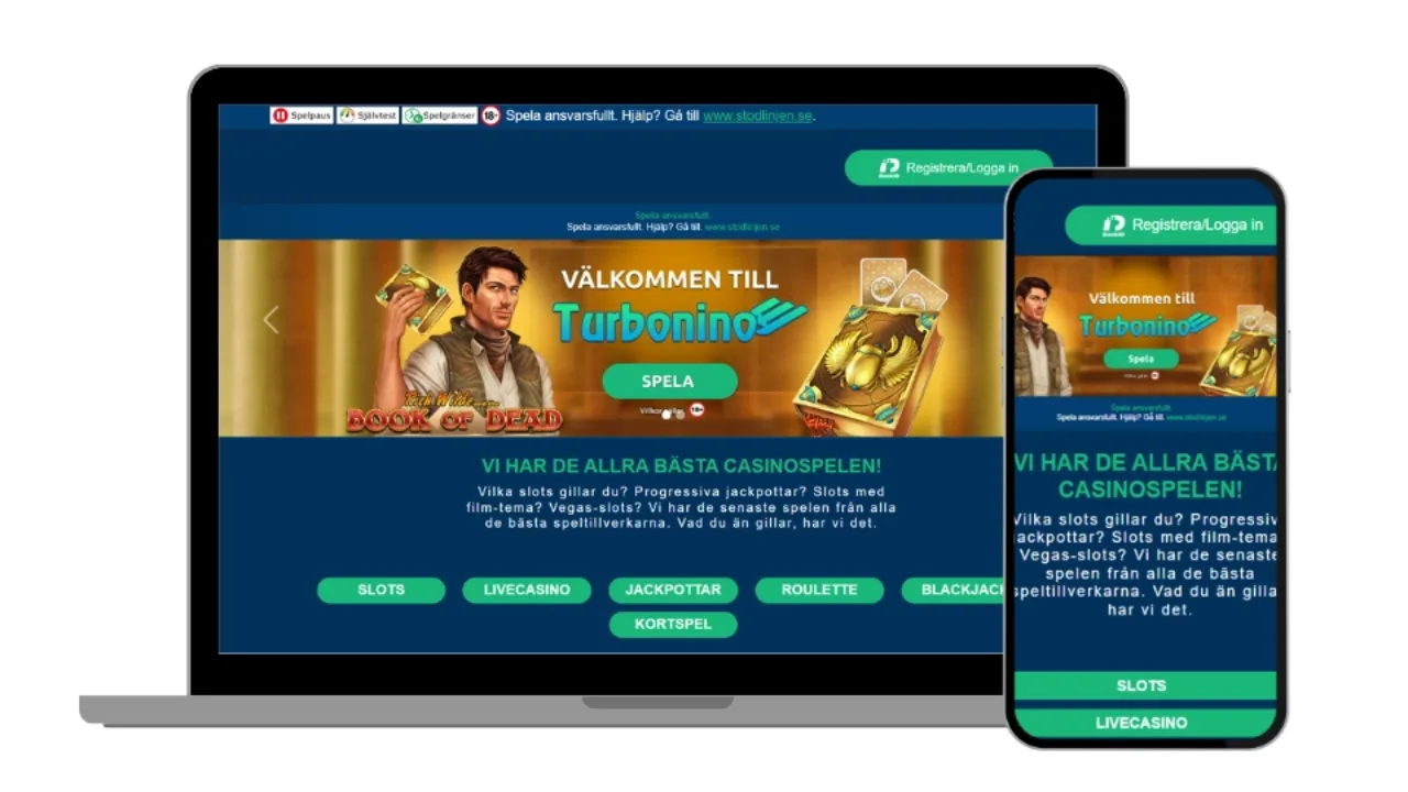 Turboninos startsida på laptop och mobil med välkomstbanner för Book of Dead och spelkategorier.