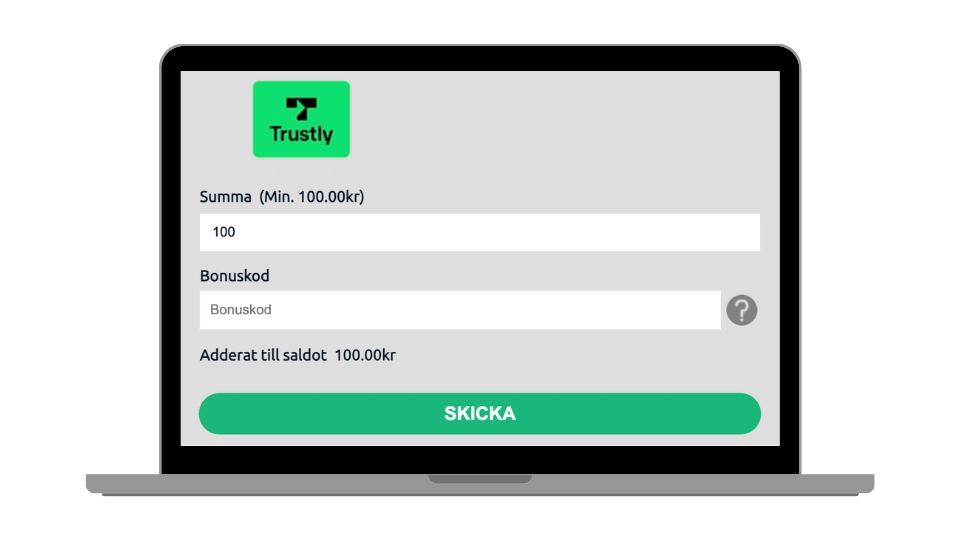 Insättningssida hos Turbonino med Trustly på en laptop, fält för belopp och bonuskod samt en "Skicka"-knapp.