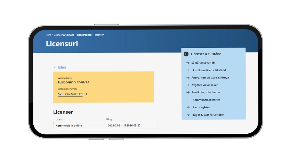 Webbplats på surfplatta som visar Turboninos svenska spellicens under Skill On Net Ltd.