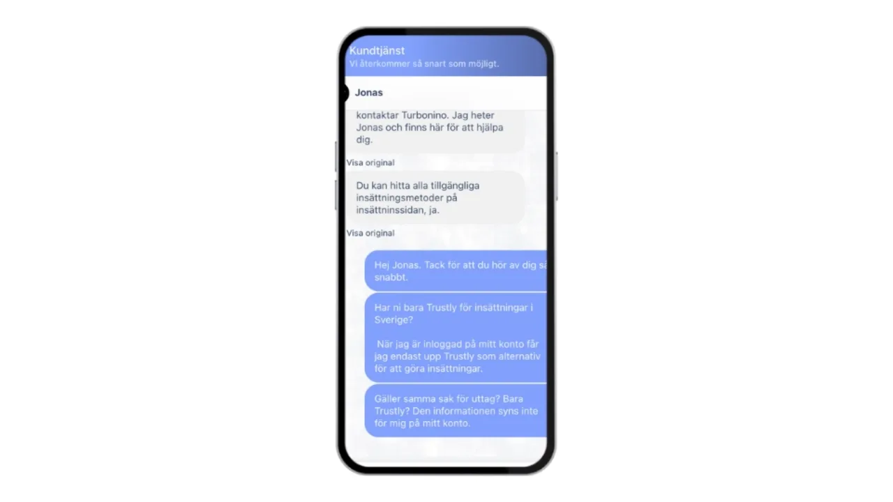 Mobilvy som visar en konversation med Turboninos kundtjänst i en livechatt.