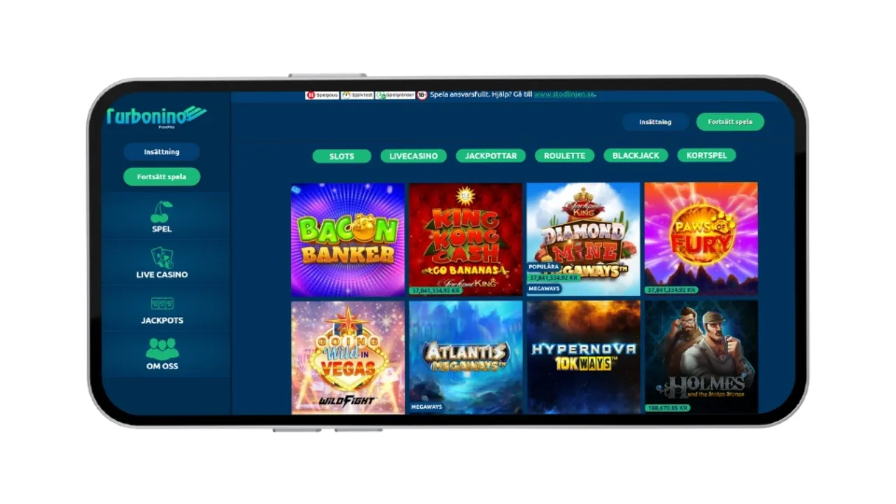 Turbonino spelutbud på en surfplatta med kategorier som Slots, Live Casino och Jackpottar.