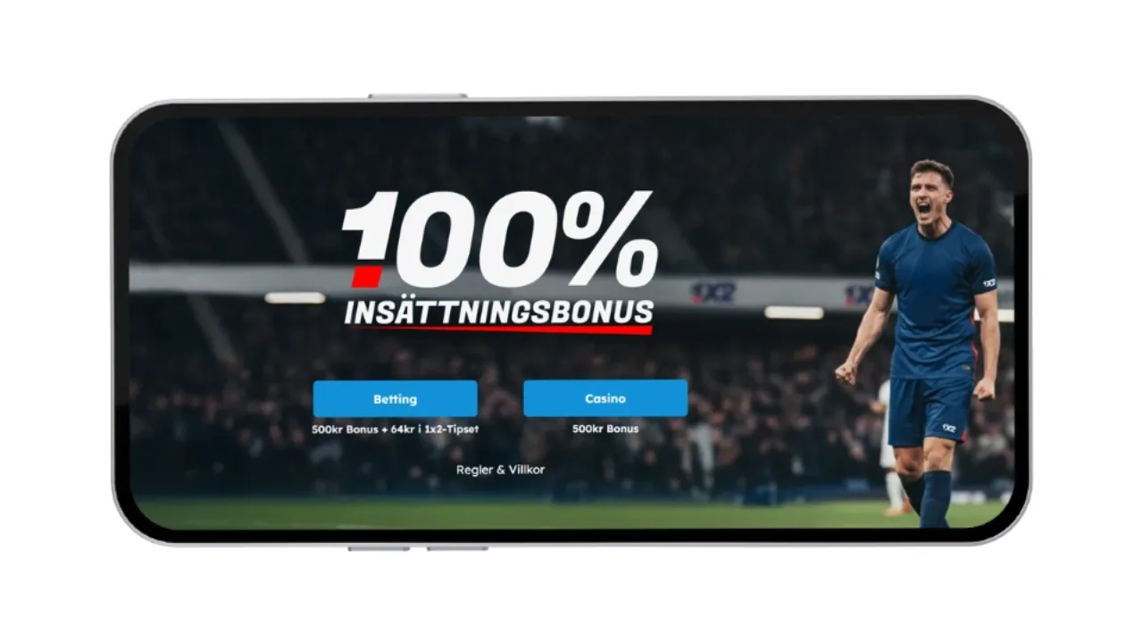 Mobilskärm med '100% insättningsbonus', en fotbollsspelare och val mellan Betting och Casino hos 1x2.