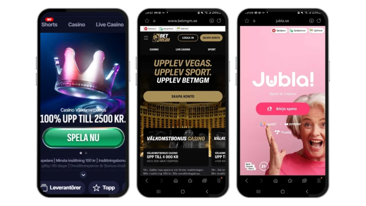 Tre mobilskärmar som visar olika svenska mobilcasinon: Swiper, BetMGM och Jubla.