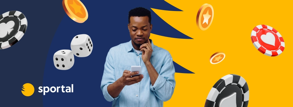 Man jämför casinon i mobilen omgiven av svävande tärningar och spelmarker.