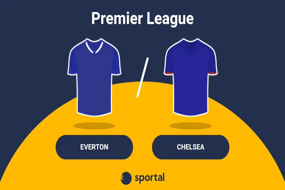 Premier League-grafik för Everton mot Chelsea med lagens matchtröjor.