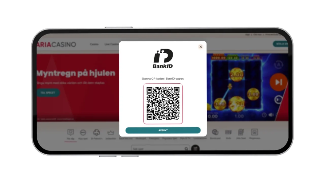 Inloggningsruta hos Maria Casino med QR-kod för verifiering via BankID-appen.