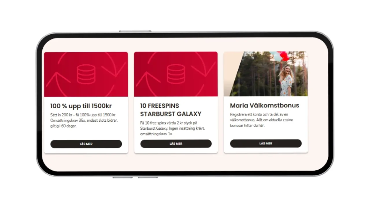 Maria Casino i mobilen: 100 % bonus upp till 1500 kr och 10 freespins på Starburst Galaxy.