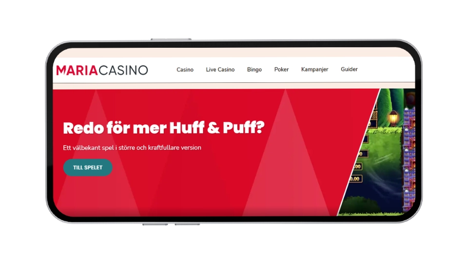 Maria Casino startsida med reklam för spelet Huff & Puff och knappen ”Börja spela” i menyn.