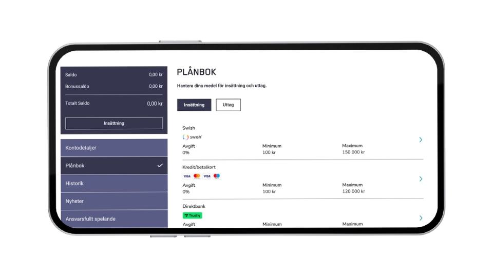 Översikt av betalningsmetoder för insättning och uttag: Swish, Kreditkort och Trustly.