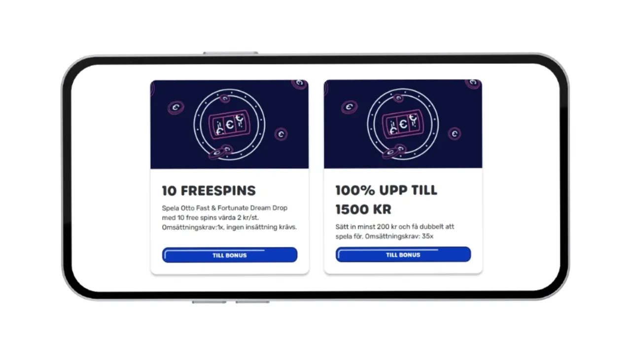 Mobilskärm med casinobonusar: 10 freespins utan insättning och 100 % bonus upp till 1500 kr.