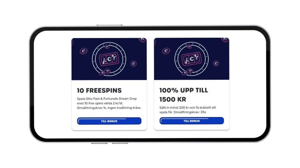 Mobilskärm med casinobonusar: 10 freespins utan insättning och 100 % bonus upp till 1500 kr.