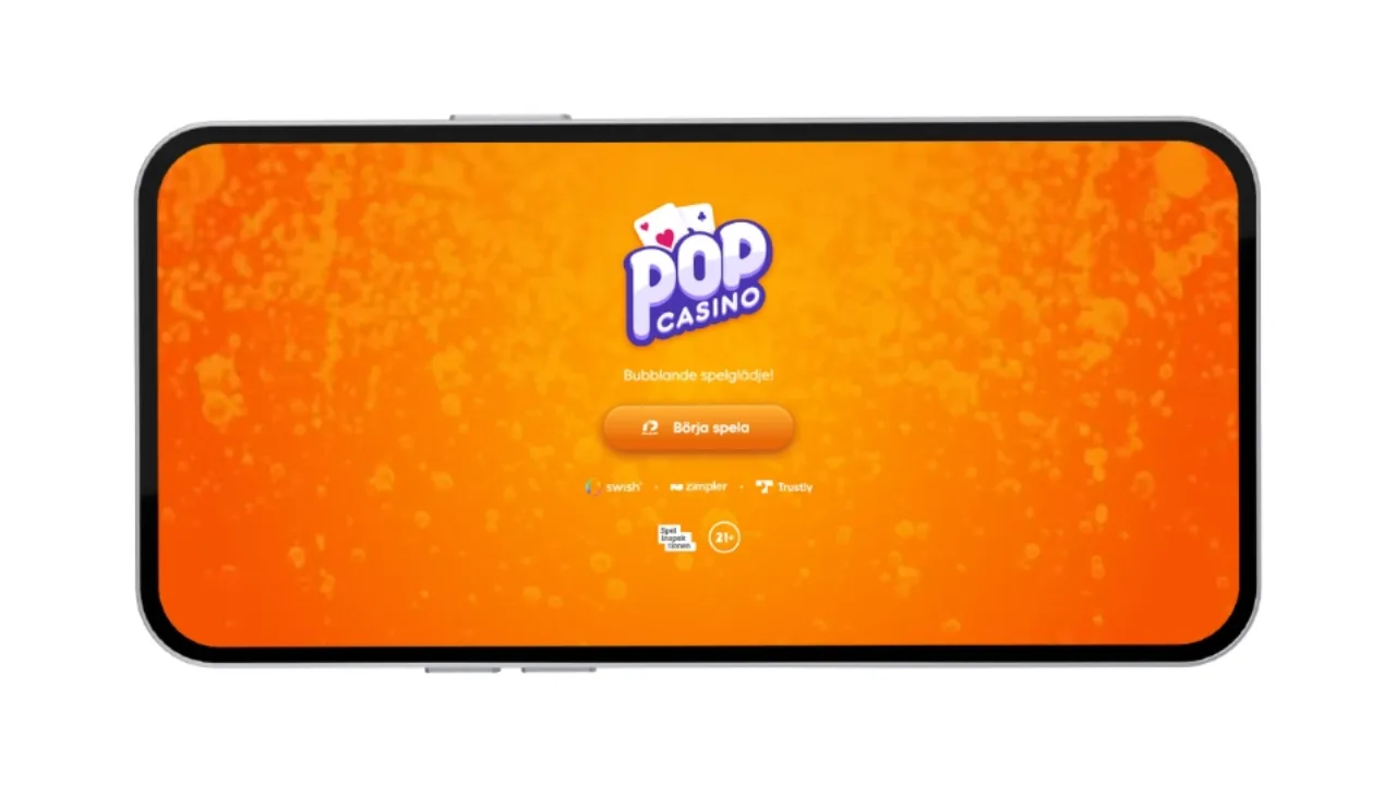 Pop Casino startsida på mobil med orange bakgrund och knappen 'Börja spela'.