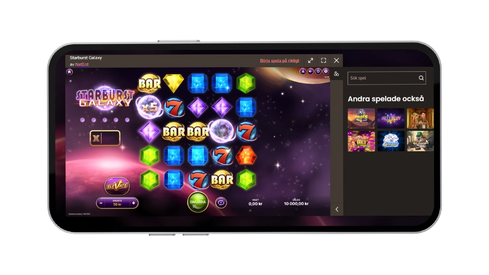 Spelplanen i sloten Starburst Galaxy från NetEnt hos ett online casino med knappen ”Snurra”.